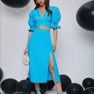 Blue Puff Sleeve Top & Skirt Matching Set